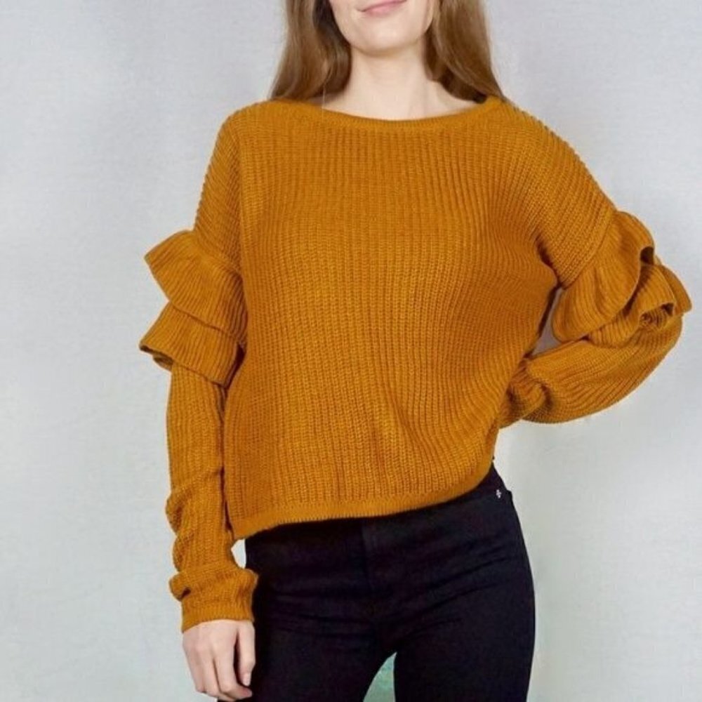 Say What? Mustard Yellow Round Neck Ruffle Sleeve Sweater